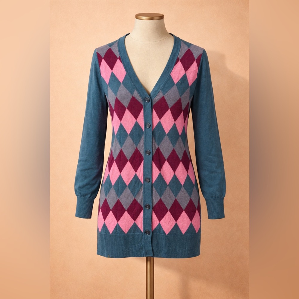 SUN68 Argyle Cardigan Women's Size 14‎ Cotton Cashmere Blend Button Sweater